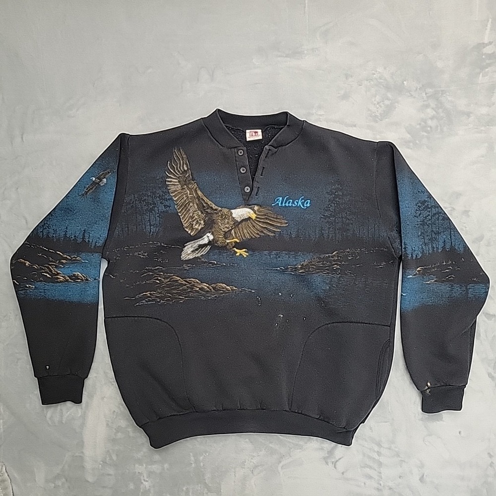 Vintage Art Unlimited Sweatshirt Mens XL Black Alaska Eagle Henley Made In USA